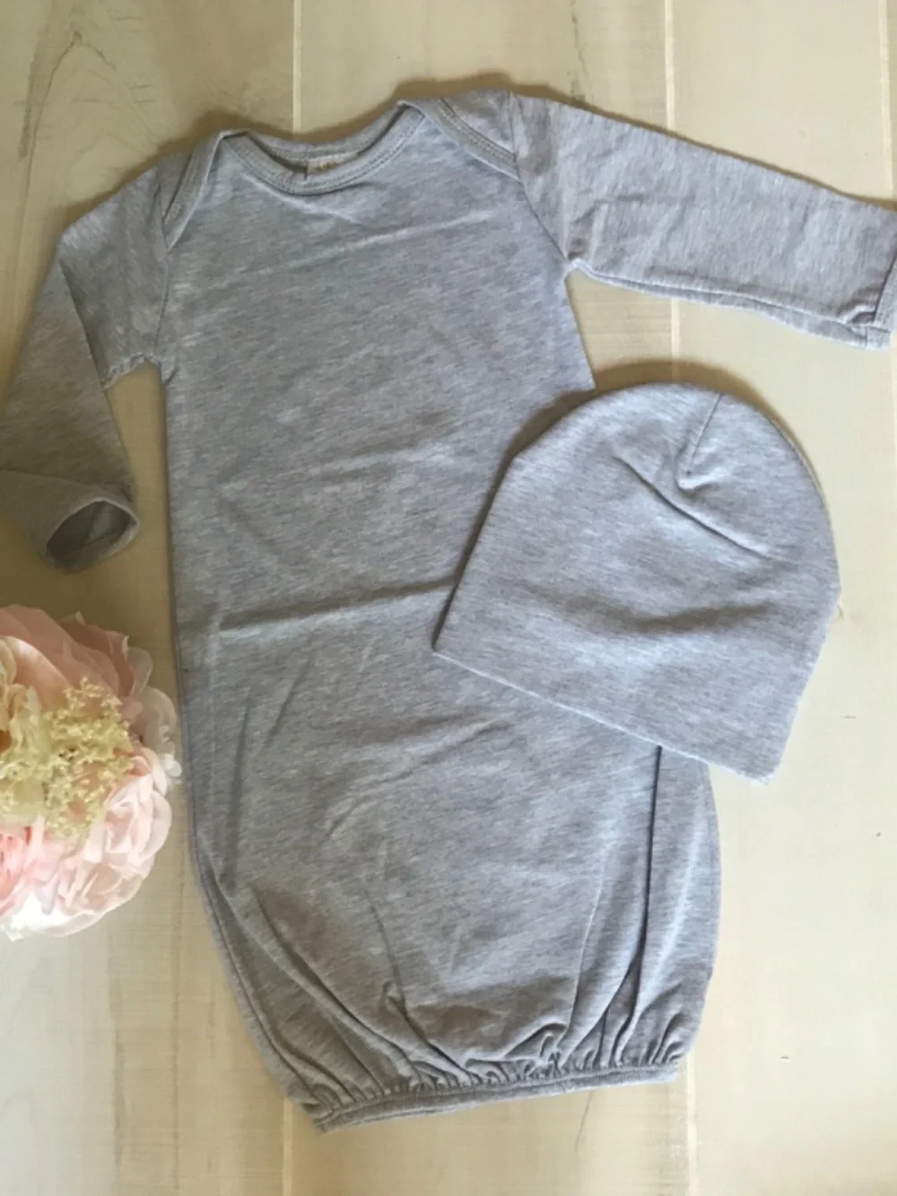 Newborn blank Gown and Hat set by Posh Baby Blooms in Heather gray.